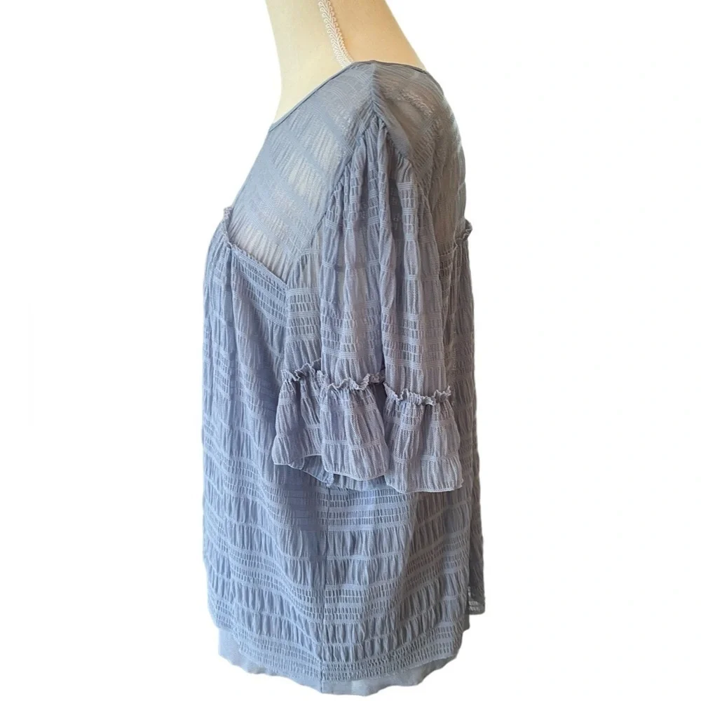 Max Studio Blouse L Cornflower Blue Mesh Flowy Top - Picture 2 of 12